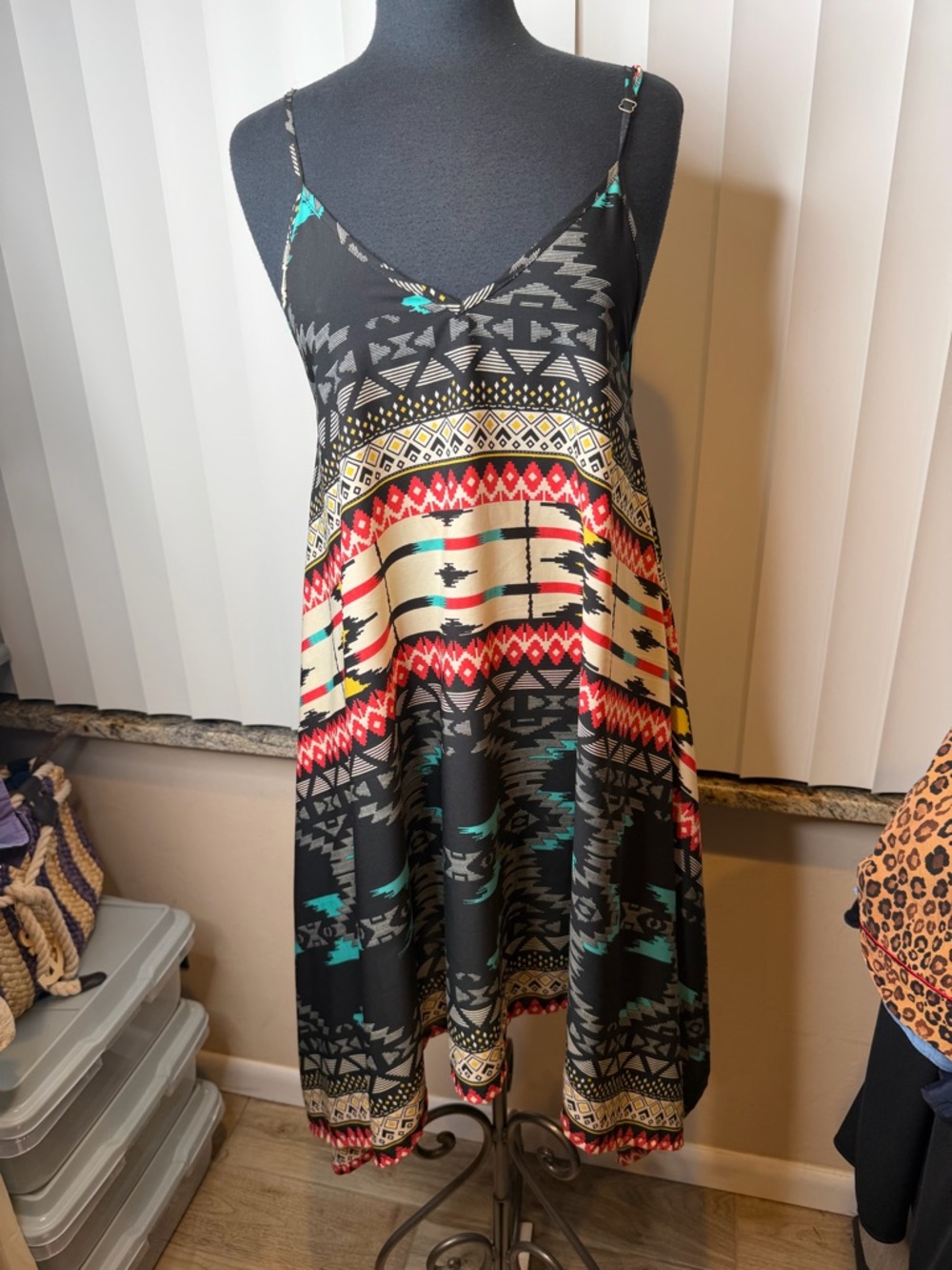 Elan multicolor Aztec dress deep V-neck, open back, and straps SIze Small